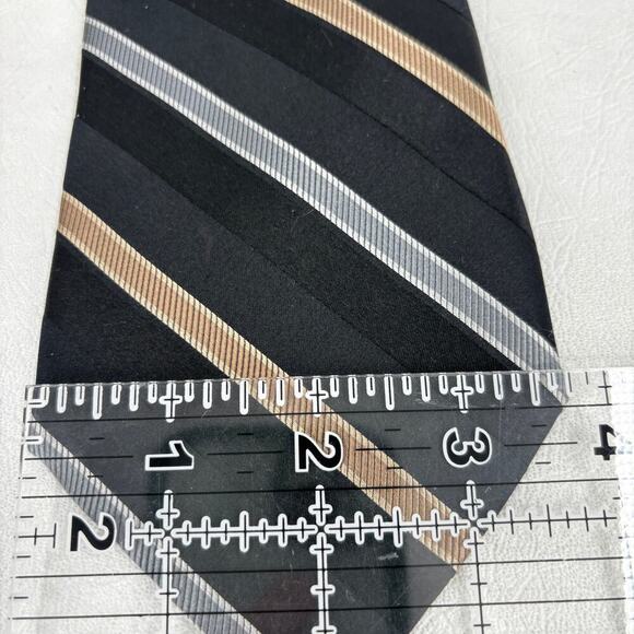 Marshall Fields Silk Tie Black with Silver Gold Repp Stripes 3.75" x 60" Inches - Picture 6 of 7